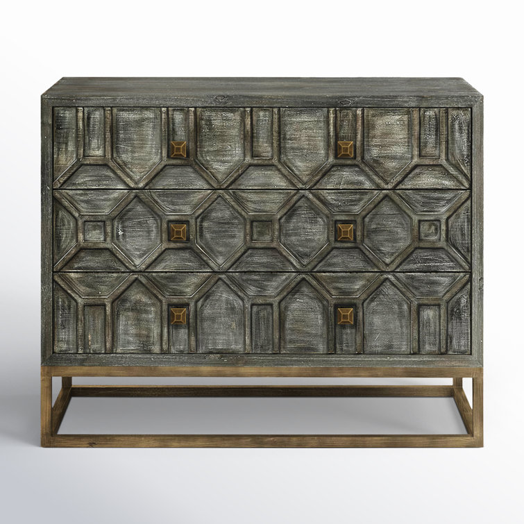 Genevieve Light Gray Wood and Antique Brass 3-Drawer Cabinet