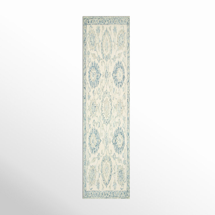 Ivory and Blue Handmade Wool Runner Rug - 2'6" x 9'9"