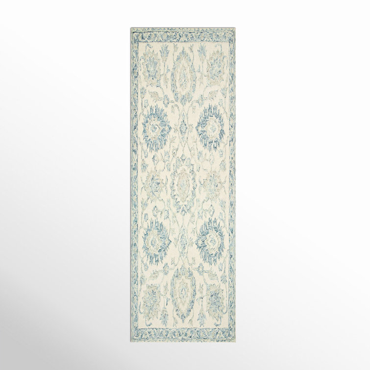 Handmade Blue and Ivory Wool Oriental Runner Rug