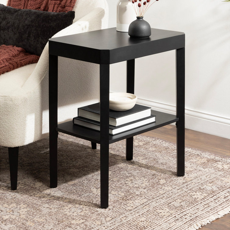 Black Solid Mango Wood Rectangular End Table with Shelf