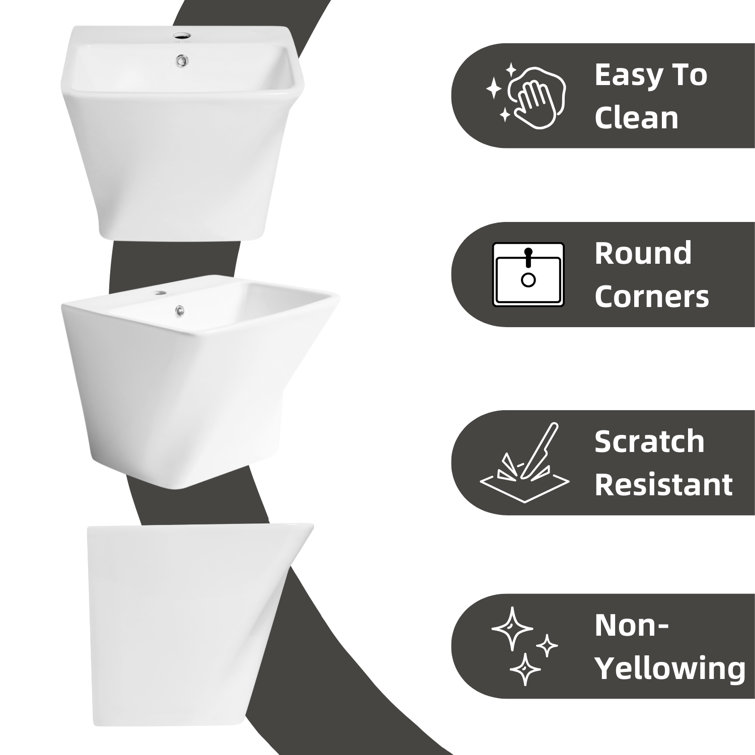 Glossy White Ceramic Wall-Mount Rectangular Vessel Sink with Stainless Steel Drain