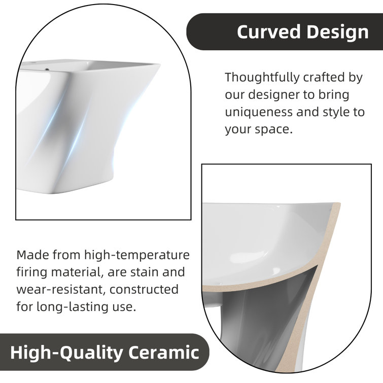 Glossy White Ceramic Wall-Mount Rectangular Vessel Sink with Stainless Steel Drain