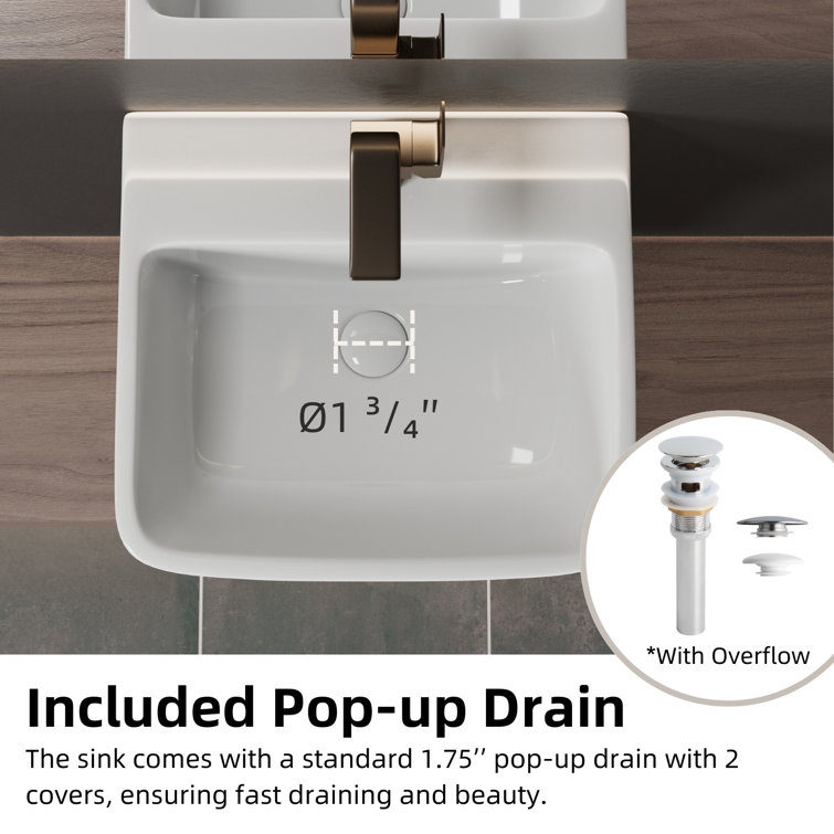 Glossy White Ceramic Wall-Mount Rectangular Vessel Sink with Stainless Steel Drain