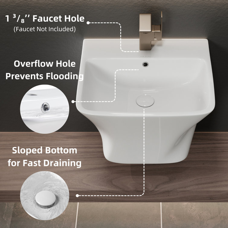 Glossy White Ceramic Wall-Mount Rectangular Vessel Sink with Stainless Steel Drain