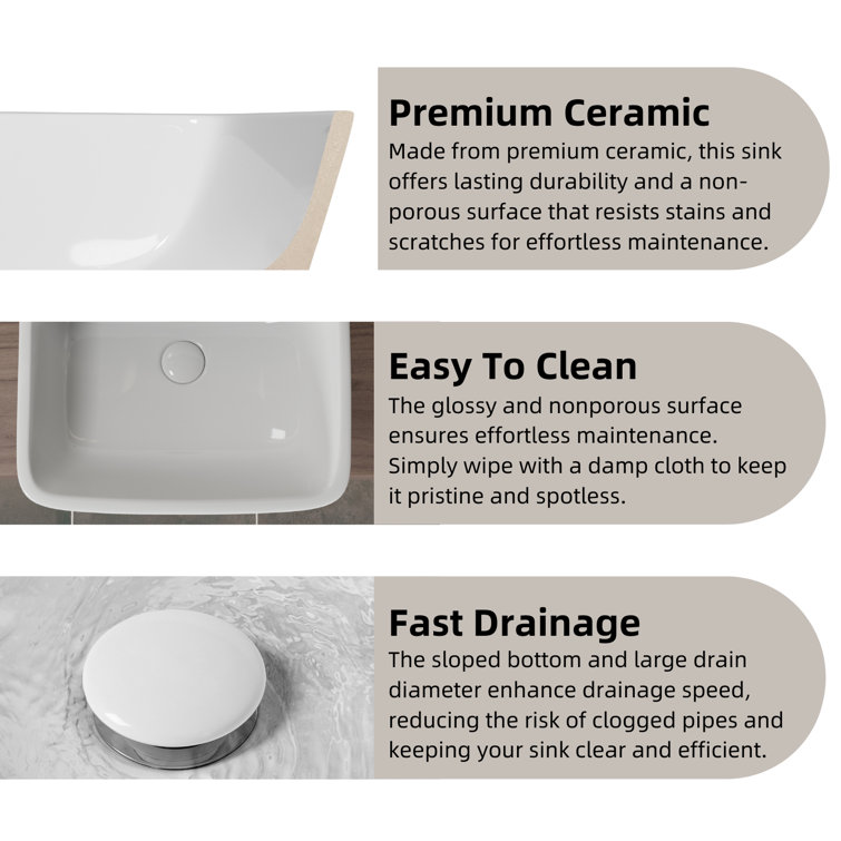 Glossy White Ceramic Wall-Mount Rectangular Vessel Sink with Stainless Steel Drain