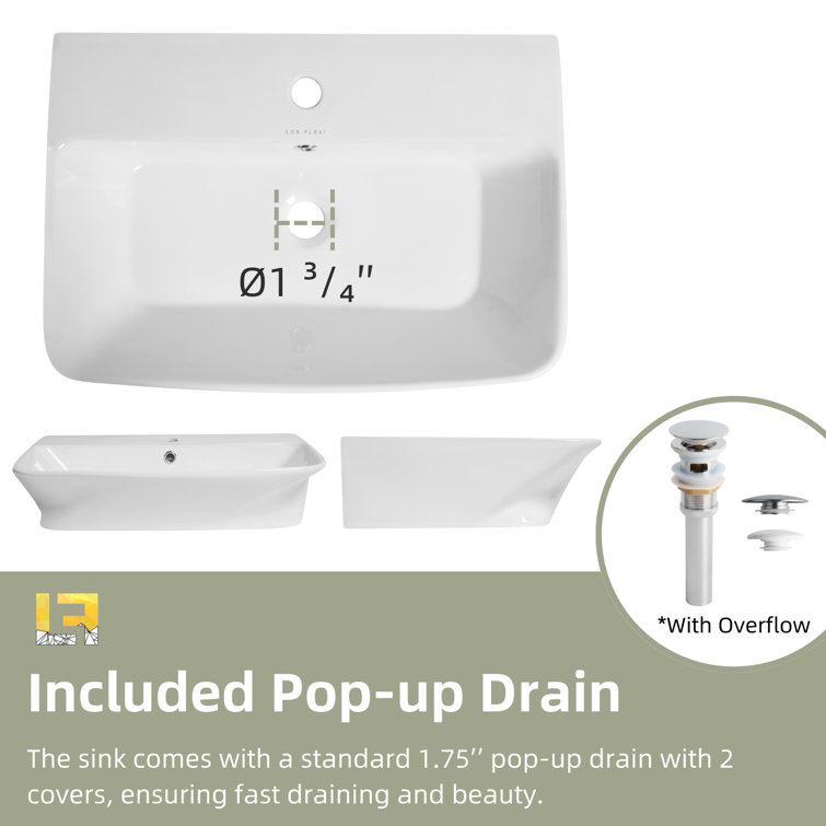 Glossy White Ceramic Wall-Mount Rectangular Vessel Sink with Stainless Steel Drain