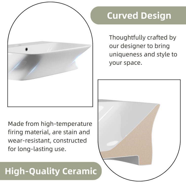 Glossy White Ceramic Wall-Mount Rectangular Vessel Sink with Stainless Steel Drain
