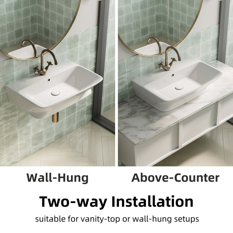 Glossy White Ceramic Wall-Mount Rectangular Vessel Sink with Stainless Steel Drain