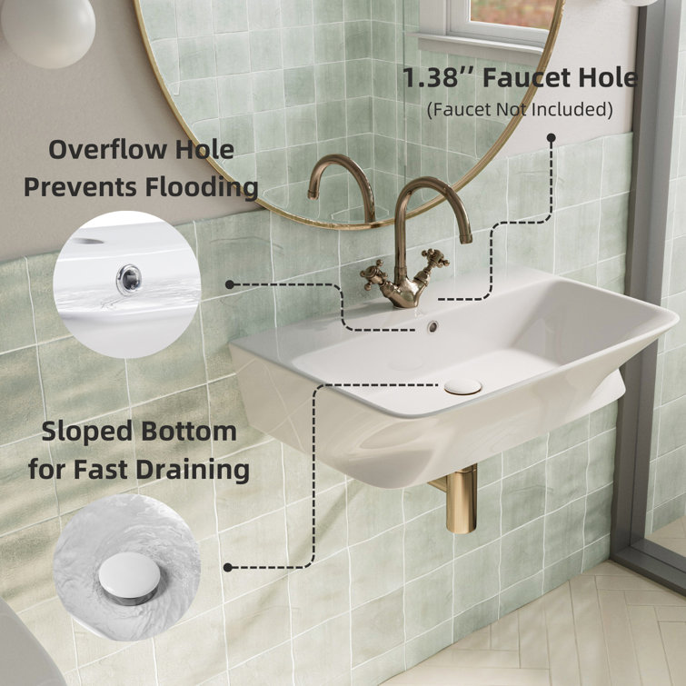 Glossy White Ceramic Wall-Mount Rectangular Vessel Sink with Stainless Steel Drain