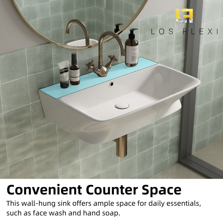Glossy White Ceramic Wall-Mount Rectangular Vessel Sink with Stainless Steel Drain