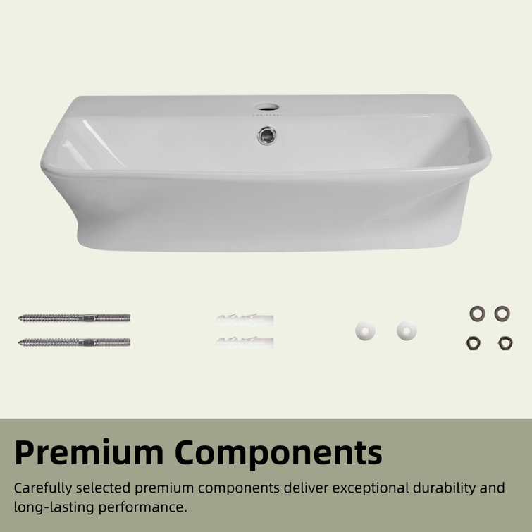 Glossy White Ceramic Wall-Mount Rectangular Vessel Sink with Stainless Steel Drain