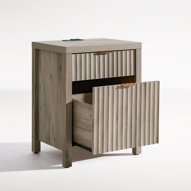 Greige Oak 2-Drawer Nightstand with Built-In Charging Station, Set of 2
