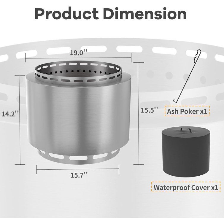 19" Stainless Steel Smokeless Fire Pit for Patio and Camping
