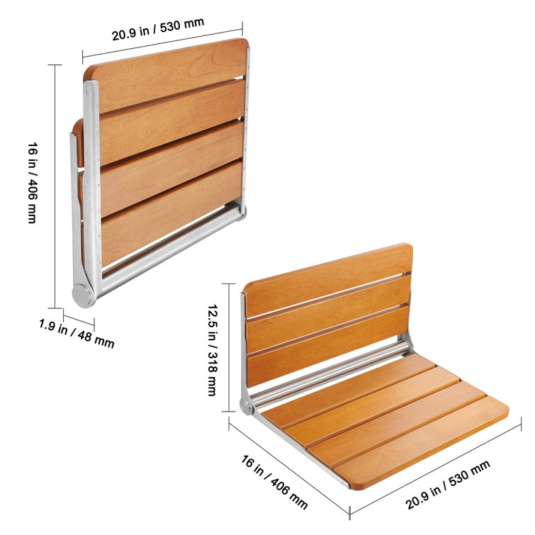 Wall-Mounted Teak Wood Folding Shower Bench, 20.9 x 16 inches