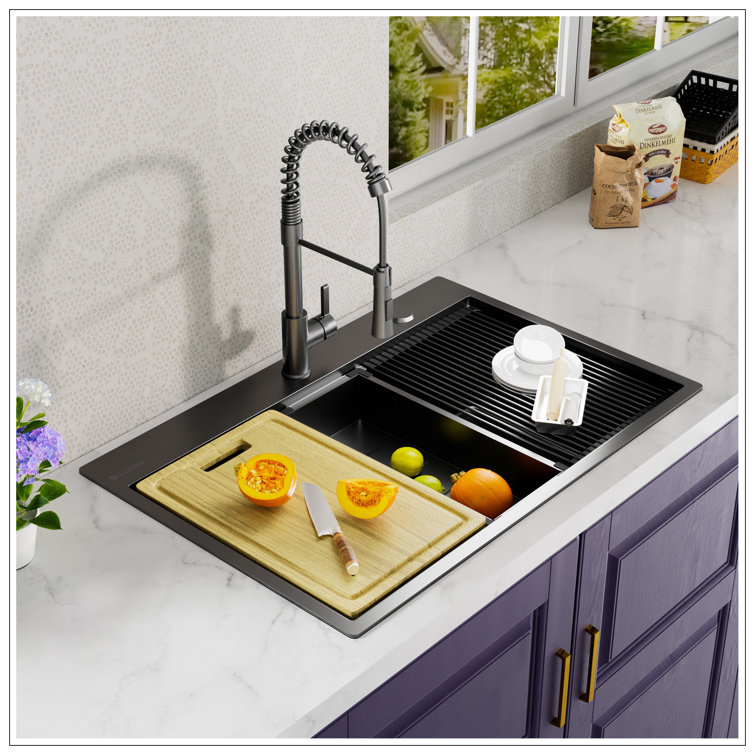 32x22 Inch Gunmetal Black Stainless Steel Single Bowl Workstation Sink