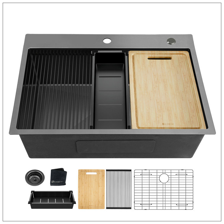 32x22 Inch Gunmetal Black Stainless Steel Single Bowl Workstation Sink