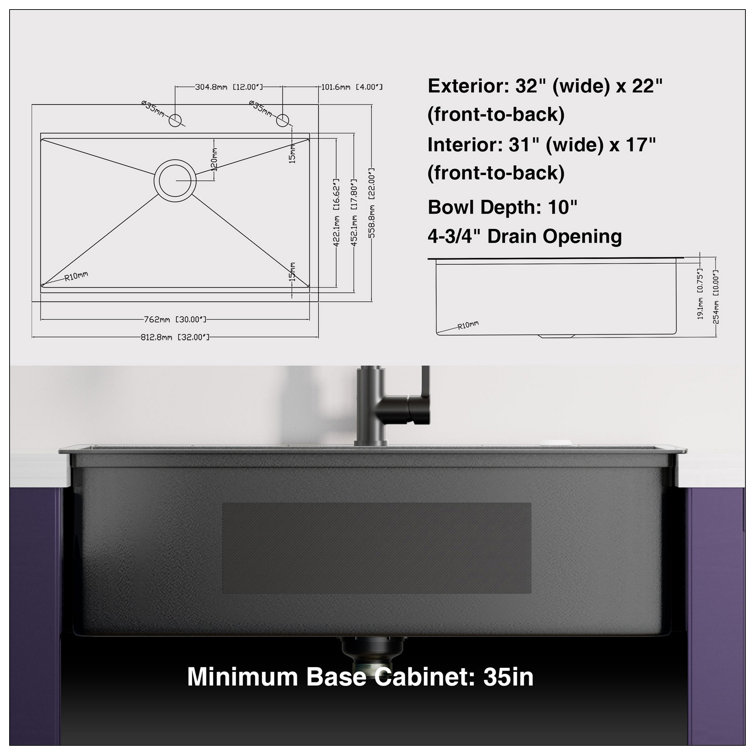 32x22 Inch Gunmetal Black Stainless Steel Single Bowl Workstation Sink