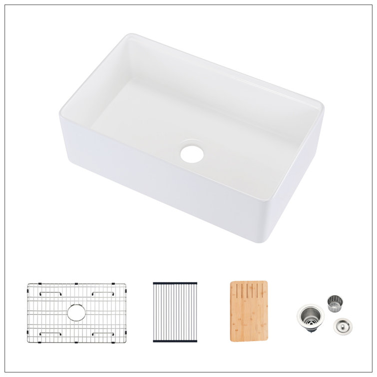White Fireclay 30" Farmhouse Kitchen Sink with Accessories