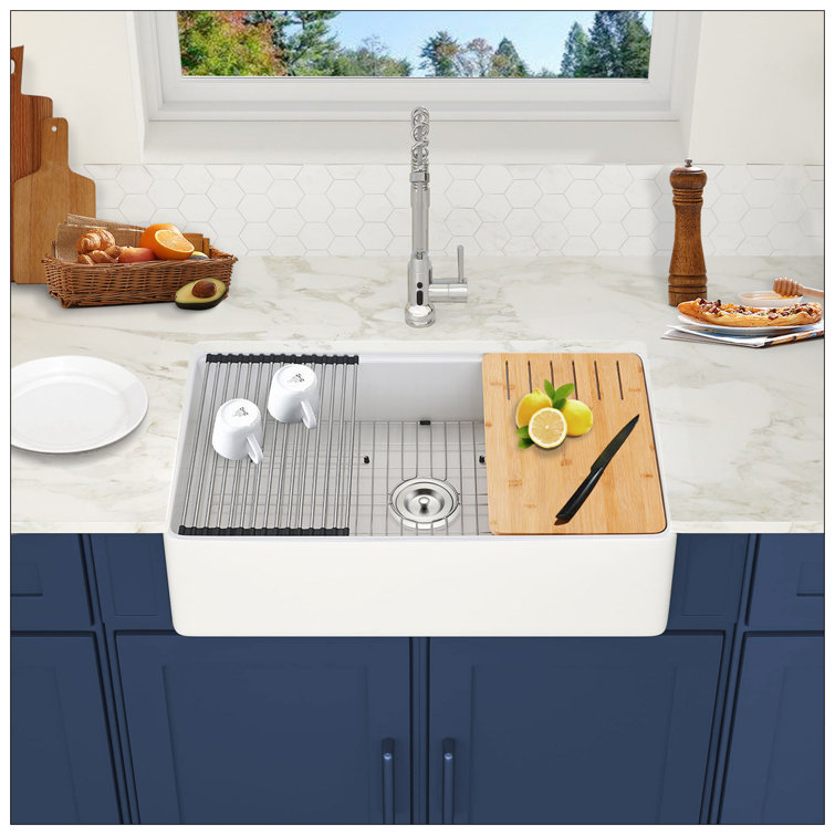 White Fireclay 30" Farmhouse Kitchen Sink with Accessories