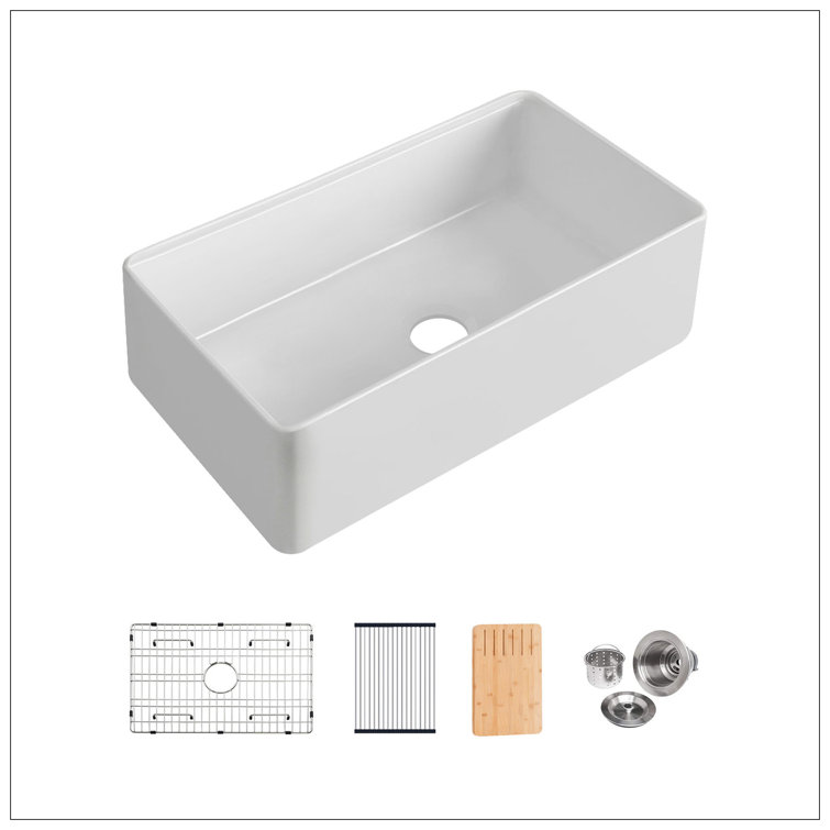 White Fireclay 30" Farmhouse Kitchen Sink with Accessories