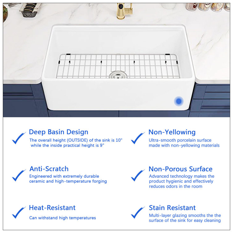 White Fireclay 30" Farmhouse Kitchen Sink with Accessories