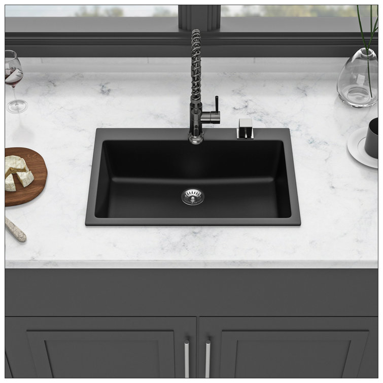 33" Black Quartz Drop-In Single Bowl Kitchen Sink with Accessories
