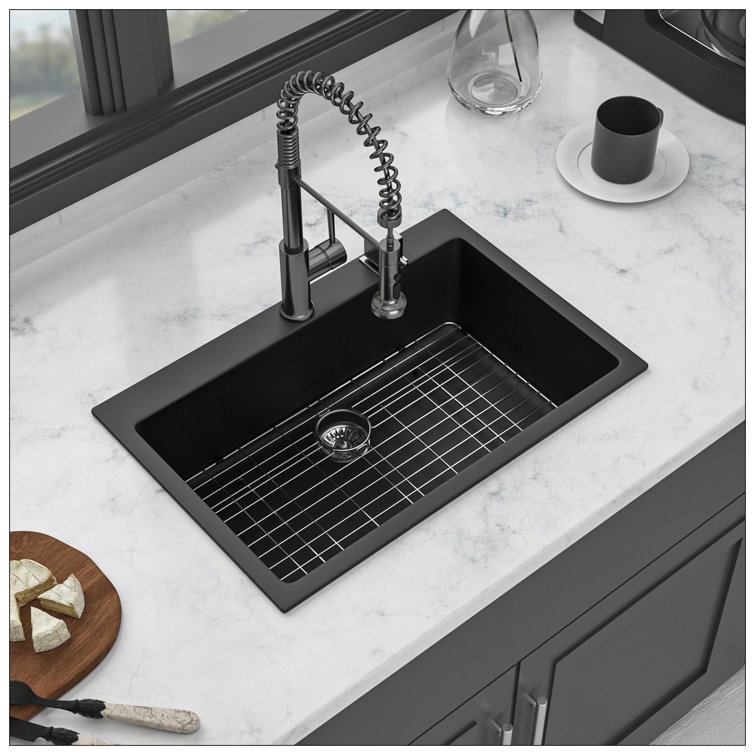 33" Black Quartz Drop-In Single Bowl Kitchen Sink with Accessories