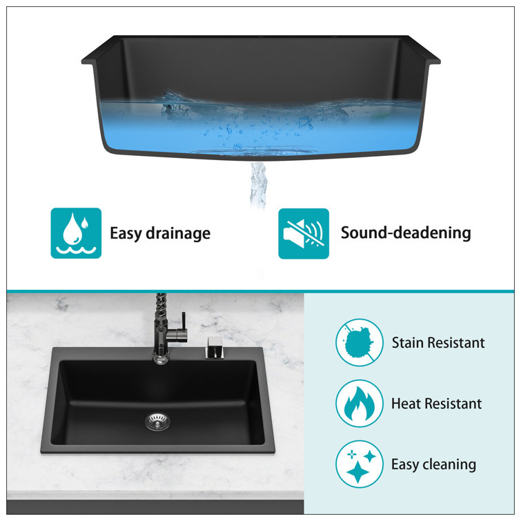 33" Black Quartz Drop-In Single Bowl Kitchen Sink with Accessories