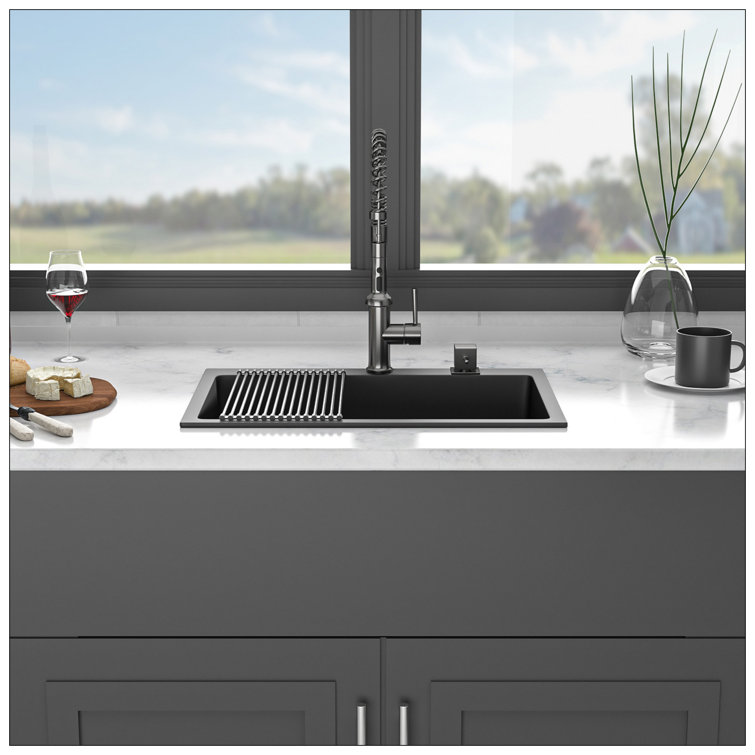 33" Black Quartz Drop-In Single Bowl Kitchen Sink with Accessories