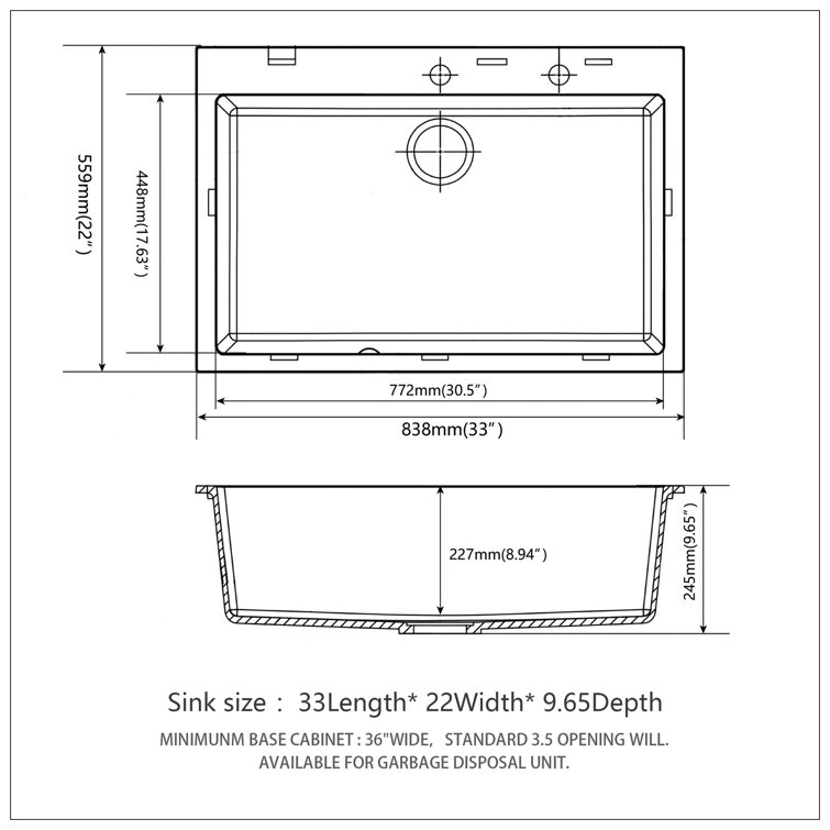 33" Black Quartz Drop-In Single Bowl Kitchen Sink with Accessories