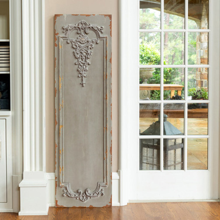 Aged Gray Ornate Scrollwork Wooden Wall Panel