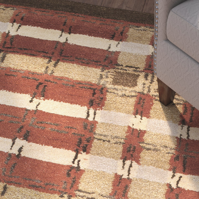 Handmade Red and Beige Wool Viscose Plaid Rug