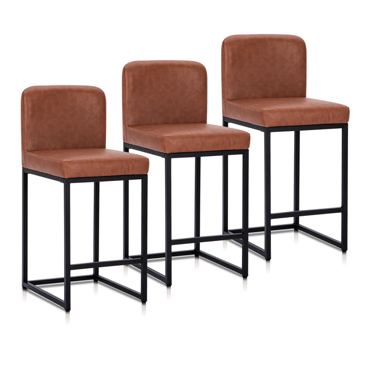 Brown Faux Leather Upholstered Counter Stools with Matte Steel Frame, Set of 3