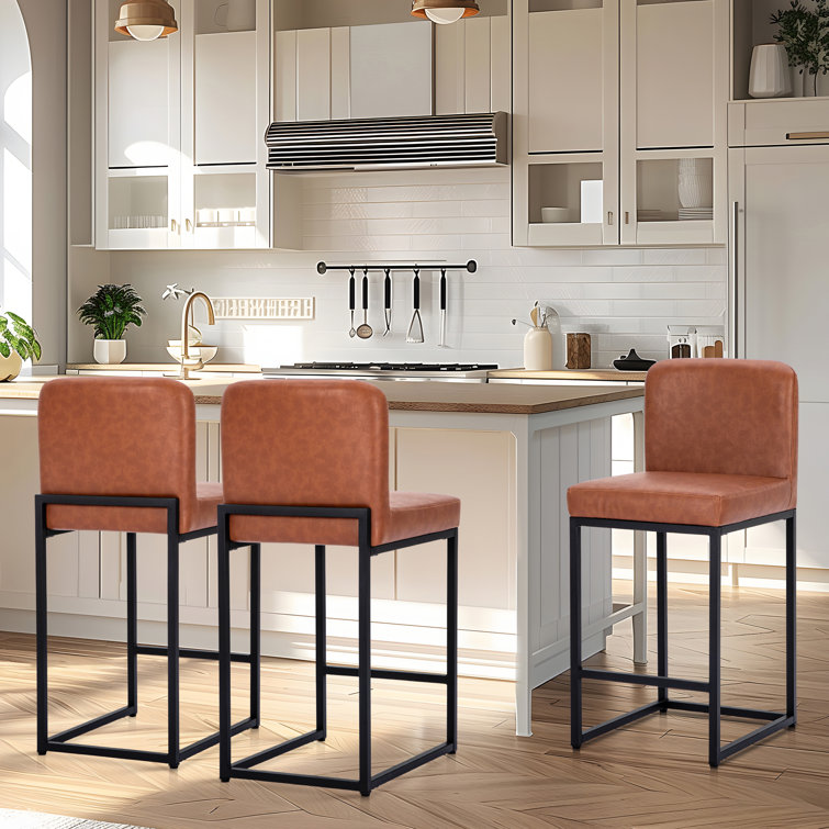 Brown Faux Leather Upholstered Counter Stools with Matte Steel Frame, Set of 3