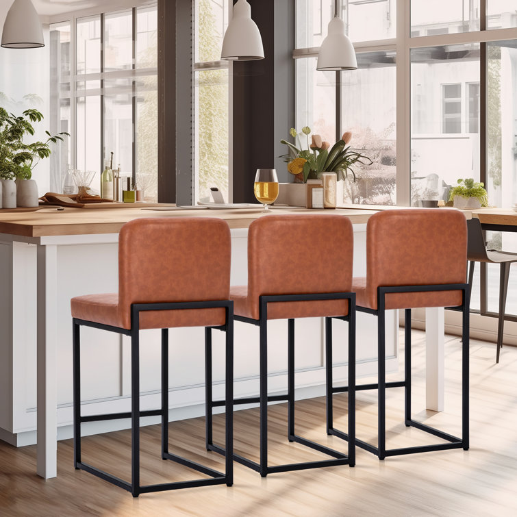 Brown Faux Leather Upholstered Counter Stools with Matte Steel Frame, Set of 3