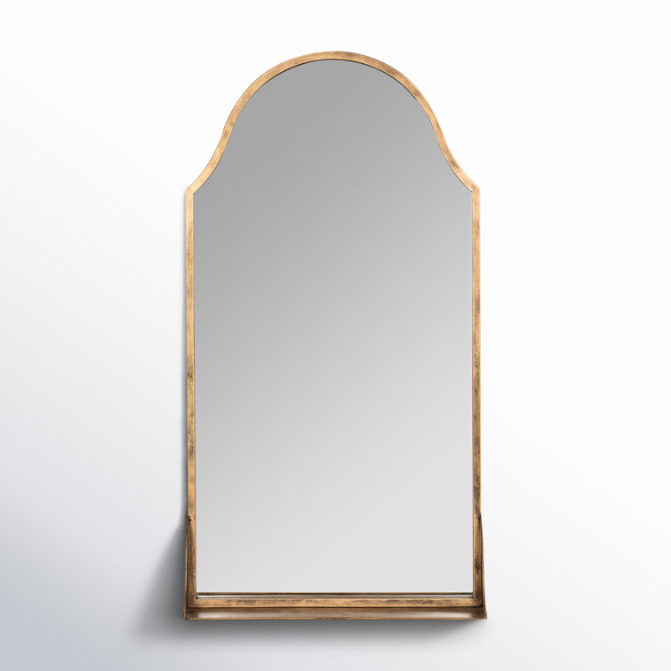 Arched Antique Bronze Wall Mirror with Built-In Wood Shelf