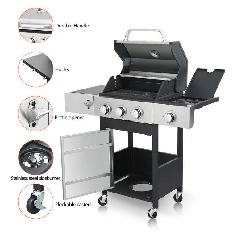 Stainless Steel 3-Burner Propane Gas Grill with Side Burner