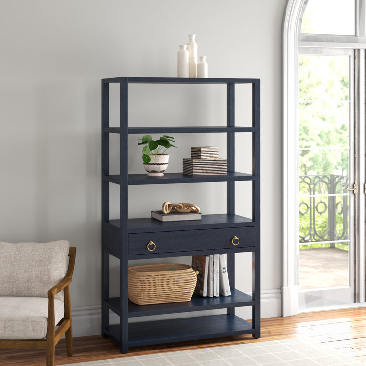 Elin Navy Blue and Gold Tall Modern Bookcase with Storage Drawer