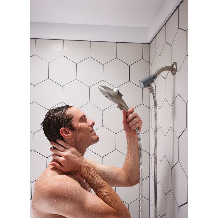 Brushed Nickel 6-Setting Handheld Rain Showerhead with Magnetic Dock