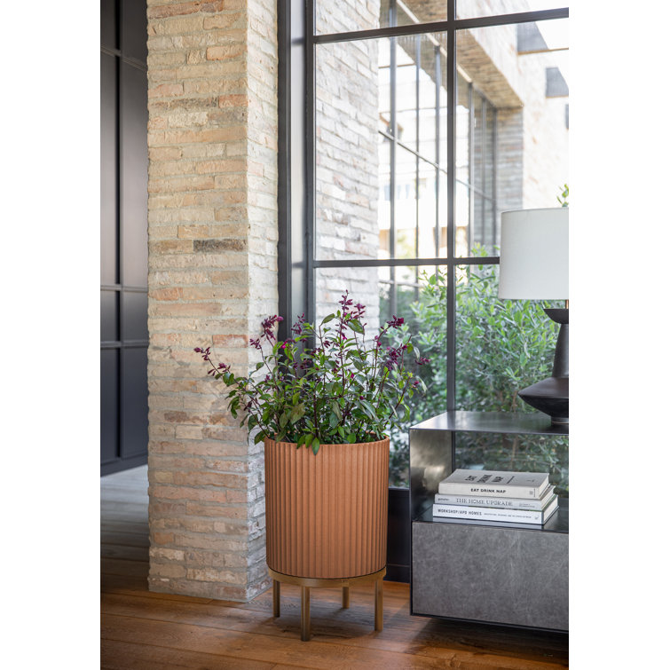 Terracotta Large Round Planter with Acacia Wood Stand