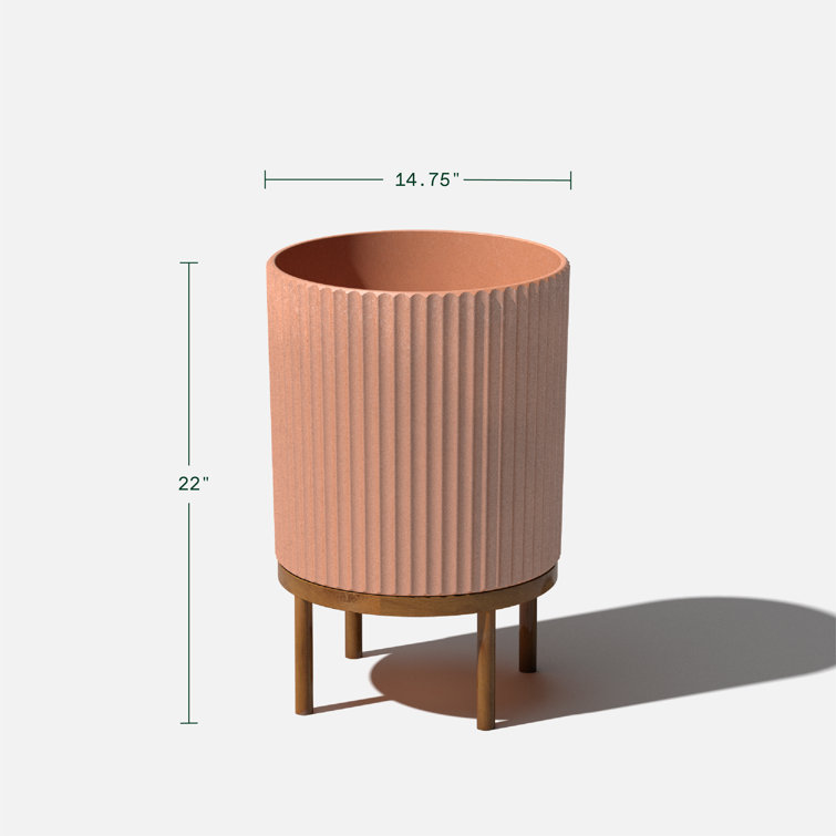 Terracotta Large Round Planter with Acacia Wood Stand