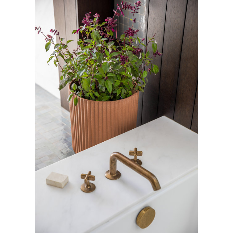 Terracotta Large Round Planter with Acacia Wood Stand