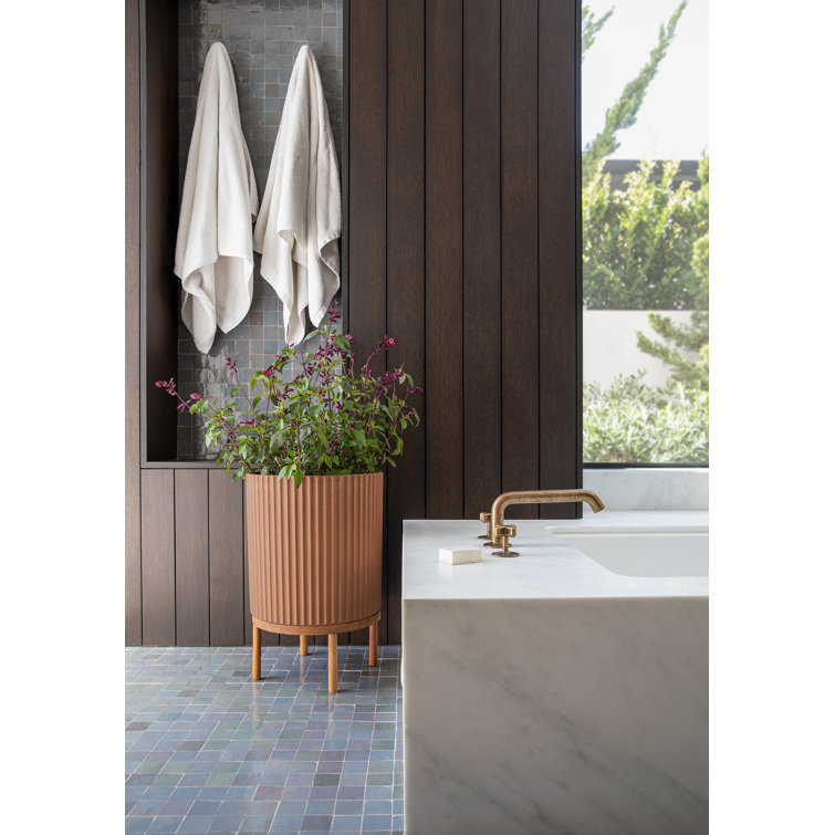 Terracotta Large Round Planter with Acacia Wood Stand