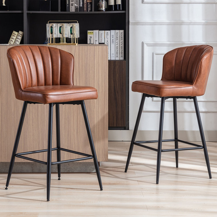 Azarria Brown Faux Leather Counter Stools with Iron Legs, Set of 2