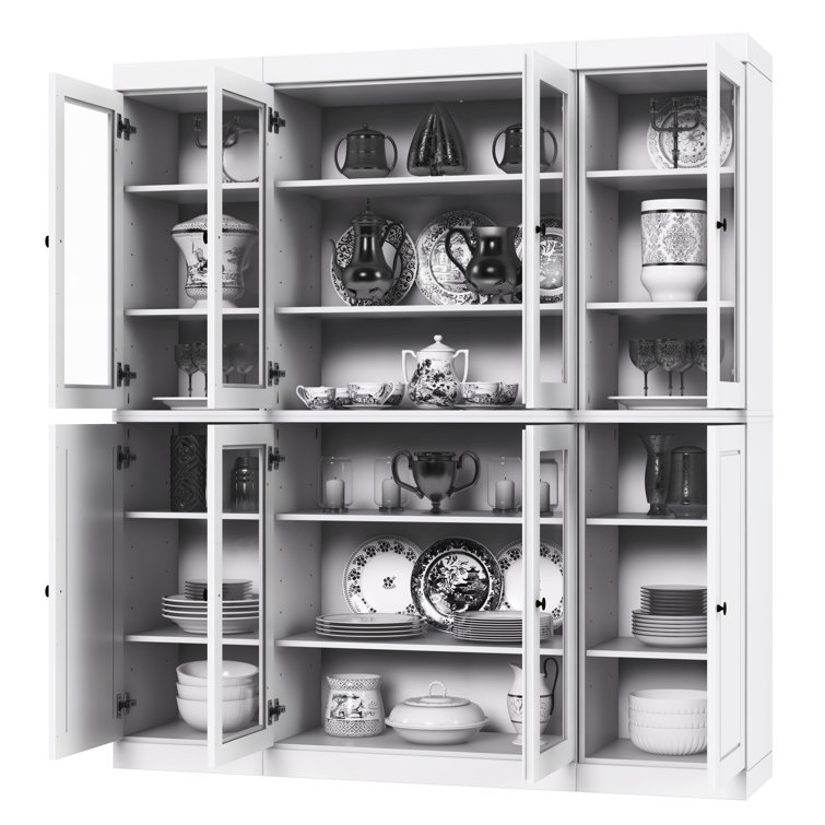 White Solid Wood Pantry Cabinet with Glass Doors and Adjustable Shelves