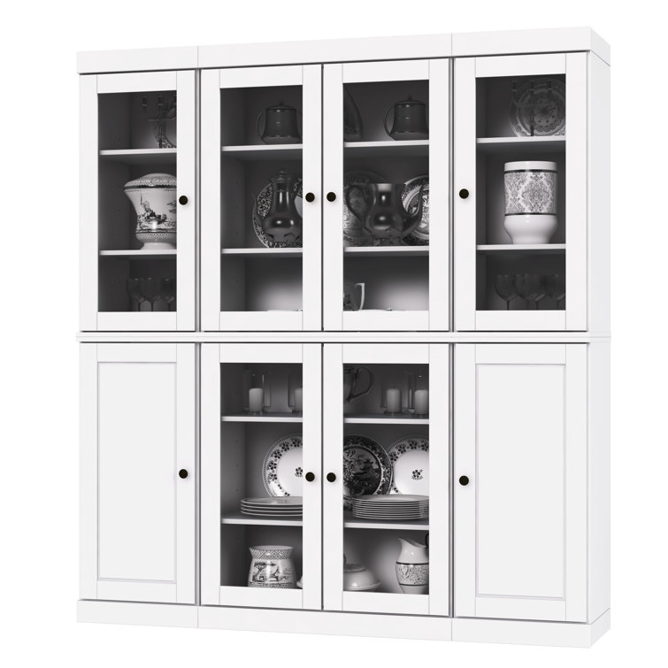 White Solid Wood Pantry Cabinet with Glass Doors and Adjustable Shelves