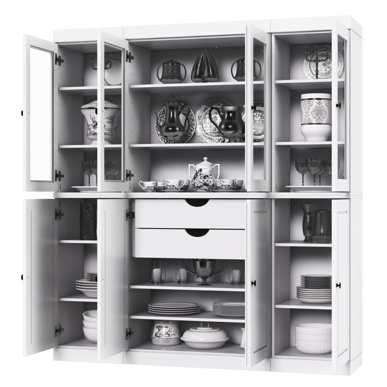 White Solid Wood Pantry Cabinet with Glass Doors and Adjustable Shelves