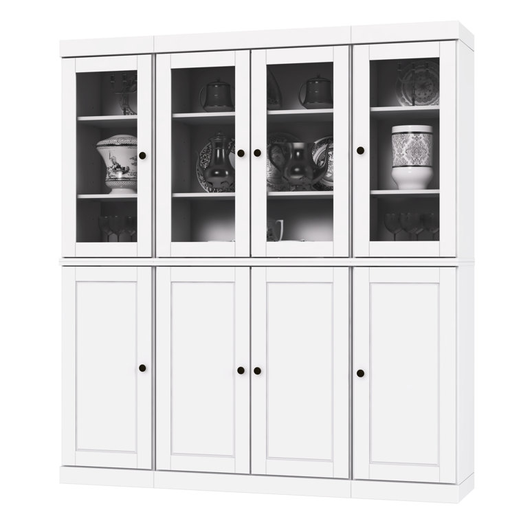 White Solid Wood Pantry Cabinet with Glass Doors and Adjustable Shelves