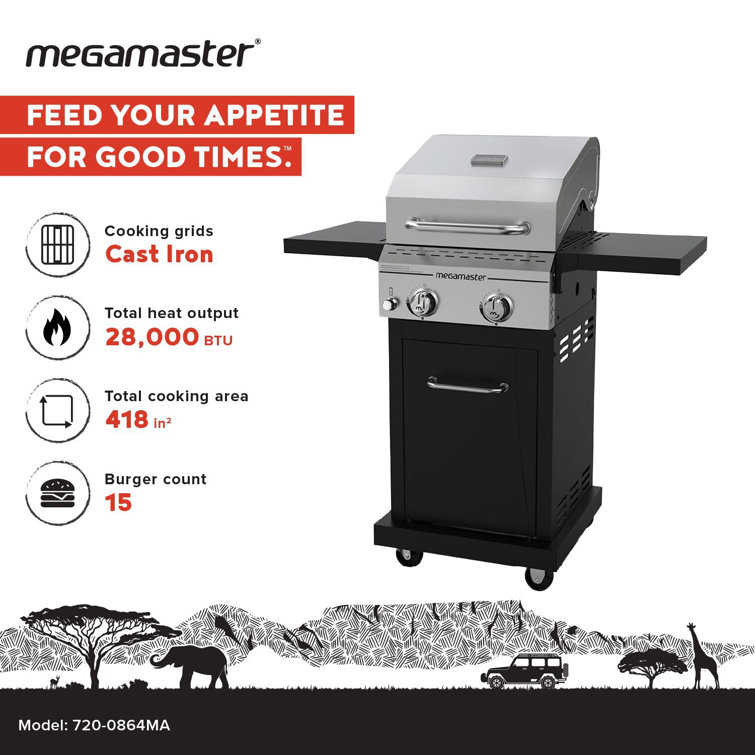 Megamaster 2-Burner Stainless Steel Propane Gas Grill with Foldable Side Tables
