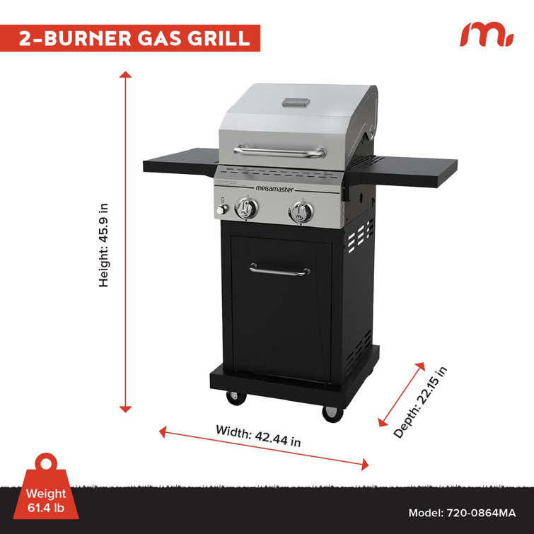 Megamaster 2-Burner Stainless Steel Propane Gas Grill with Foldable Side Tables